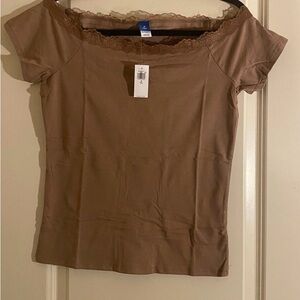 Old Navy Brown Lace-Trim Off-Shoulder Tee